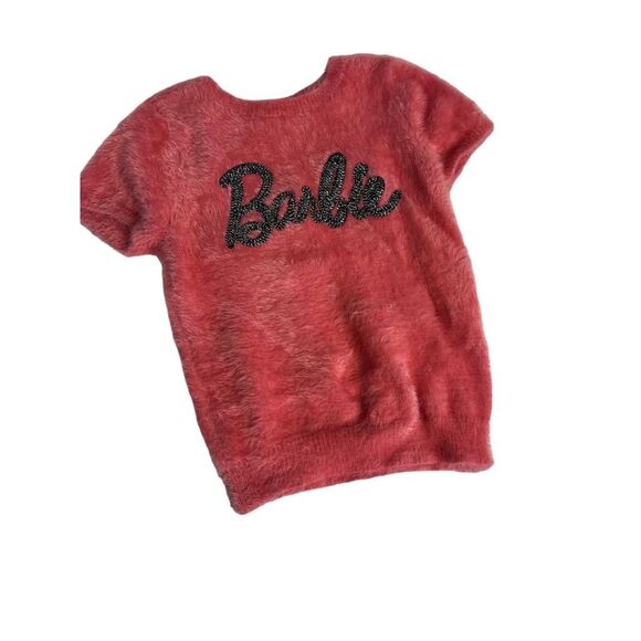 Barbie Girl’s Fuzzy Pink Short Sleeve Pullover Sweater S - Picture 1 of 7